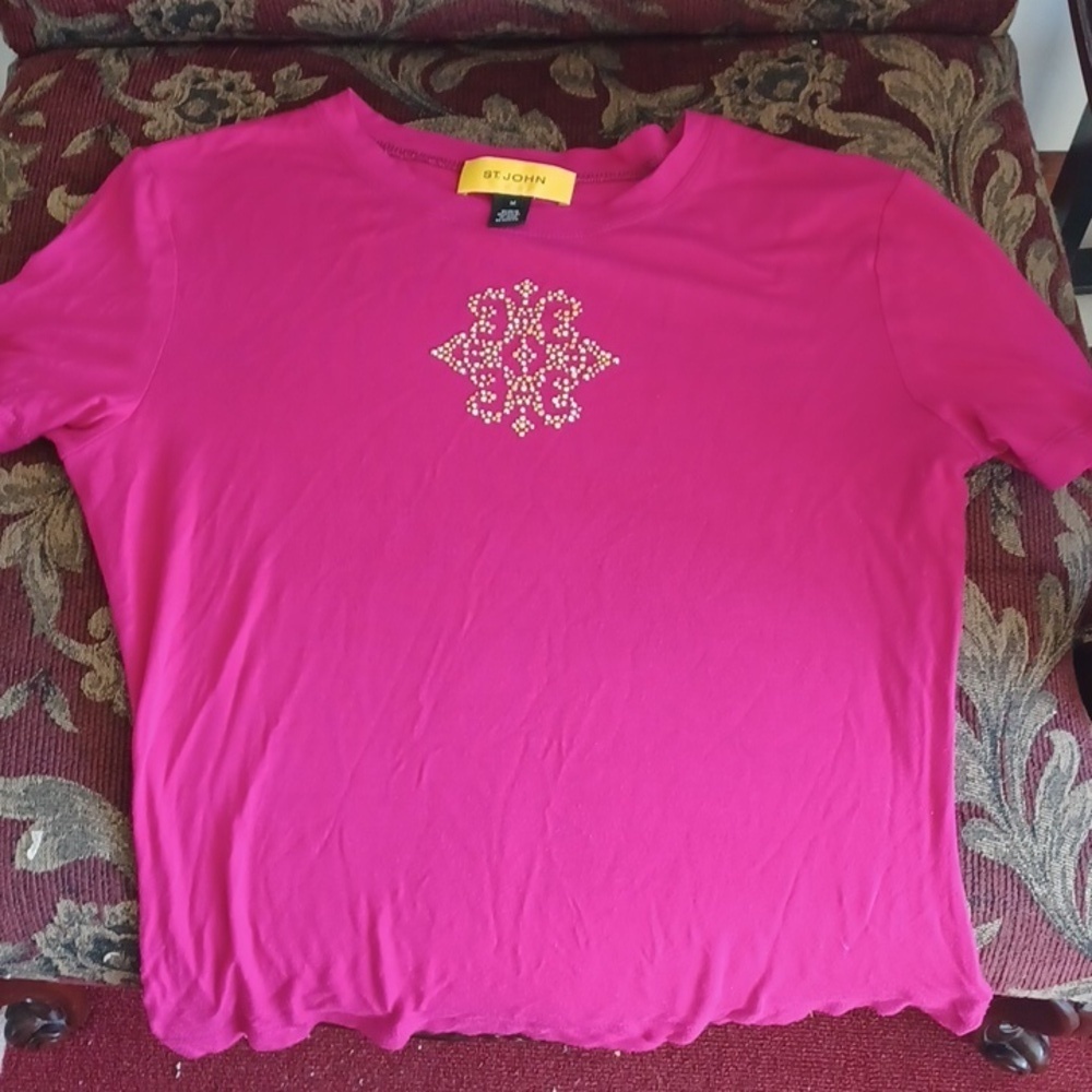 St. John Size M Hot Pink Embellished Tee - Picture 1 of 5